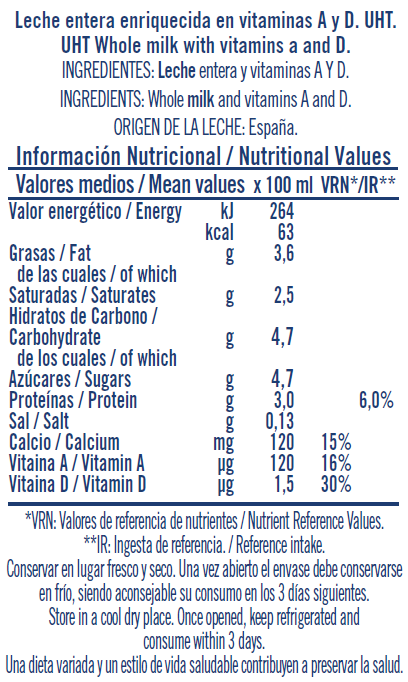 Información nutricional - 200ml